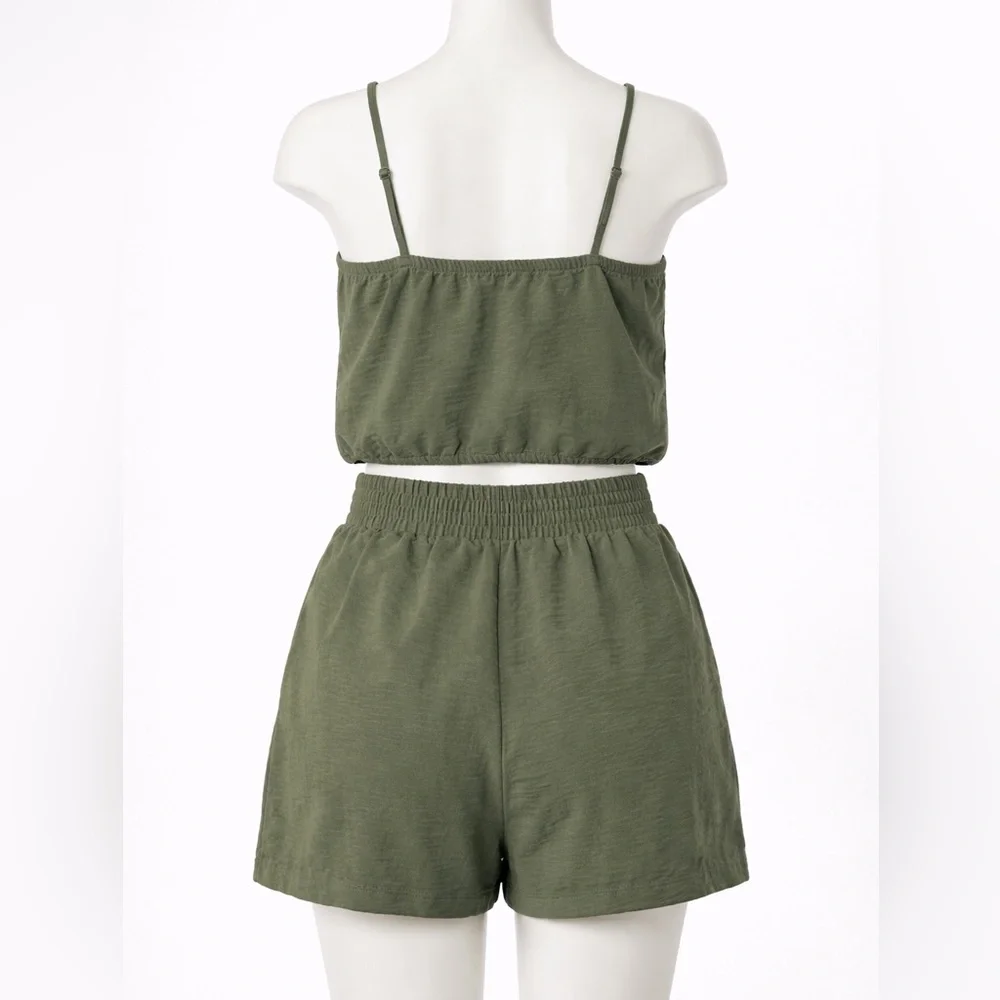 No Boundaries Olive Green Crop Tank & Drawstring Shorts Set - Picture 2 of 3